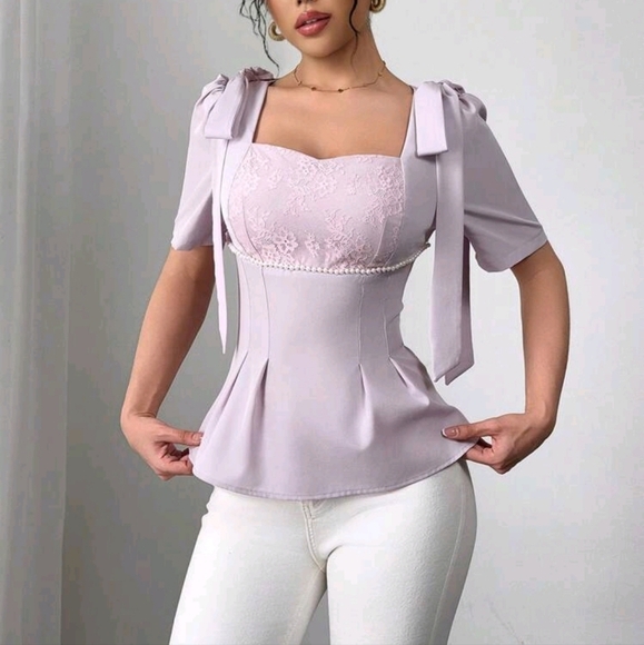 Women's Lace Patchwork Pearl Tie Detail Elegant Blouse - Picture 1 of 5